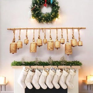 Rustic Brass Hanging Bells Set: Vintage Christmas Decor, Jute Rope Included