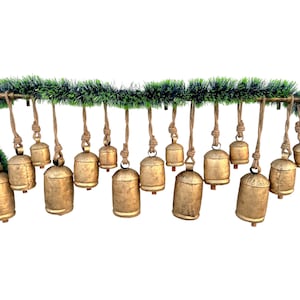 Handmade Rustic Hanging Bells – Set of 15 Golden Vintage-Style Metal Bells with Rod for Christmas Wreaths, Wall Decor, Shabby Chic Accents