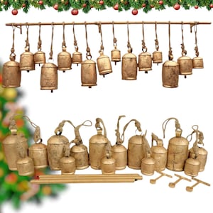 Hanging Bells Set of 15, Handmade Brass with Golden Color, Vintage Style for Christmas Wreaths, Wall Hanging, Wedding Decorations