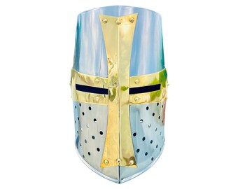 Elmo da crociato medievale: costume da cavaliere in acciaio e ottone, 30 cm