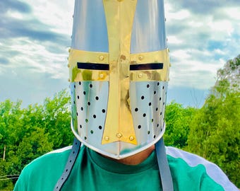 Medieval Crusader Helmet: Steel & Brass Knight Costume, 30cm