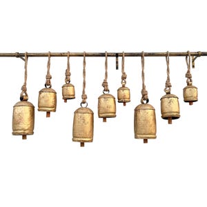 Rustic Brass Hanging Bells Set of 9 – Handmade Golden Vintage Bells with Rod for Wreaths, Wall Hanging, Shabby Chic Christmas Decor