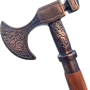 Viking Axe Walking Stick Carved Wooden Stick with Antique Handle Brown Wood Folding Walking Stick for Men Women Gift
