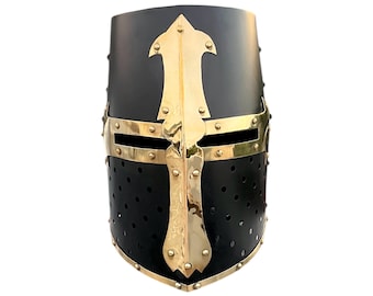 Medieval Crusader Helmet: Steel & Brass Knight Costume, 30cm