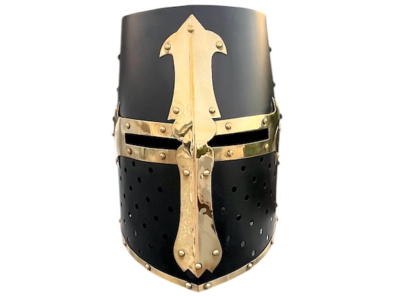 Medieval Crusader Helmet: Steel & Brass Knight Costume, 30cm