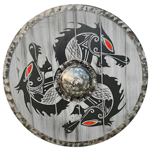 Viking Shield Medieval Fenrir Grey Wolf Shield Authentic Bettle worn Viking Battle Ready Shield Handmade Battle Warrior Shield