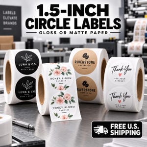 May include: Four rolls of 1.5-inch circle labels featuring various designs: black labels with white leaf icons and text, white labels with pink floral illustrations, brown labels with coffee bean icons, and white labels with black text and red hearts.