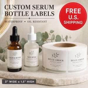 May include: Two glass serum bottles with black and white droppers and a roll of rectangular labels. The labels feature a green leaf graphic and the text Belle Amour Radiance Serum with Niacinamide and Vitamin C. The labels measure 3 inches by 1.5 inches.