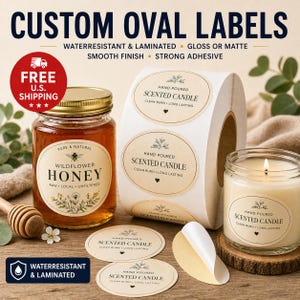Puede incluir: Etiquetas ovaladas personalizadas para productos, con un rollo de pegatinas con el texto HAND POURED SCENTED CANDLE, CLEAN BURN, LONG LASTING. Incluye un tarro de miel y una vela de cristal, ambos con etiquetas ovaladas a juego.