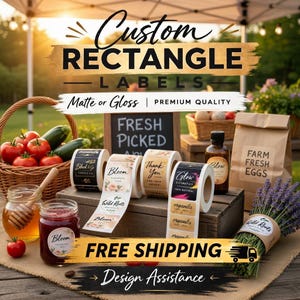 May include: An outdoor display features custom rectangle labels, matte or gloss, with various designs. Produce, eggs, and honey are displayed alongside the labels. The labels are for candles, cosmetics, and other products.
