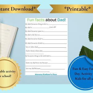Father’s Day Printable Activity | Fun Facts About Dad | Kids Fill-in Gift For Dad | Instant Download | Father’s Day Keepsake