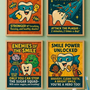 Arte de pared dental para niños Tootivacare: 4 carteles imprimibles / Capitán Molar, Brush Bots, Sugar Squad, Smile Hero.