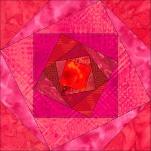 May include: A geometric quilt block design featuring a spiral pattern of pink and red fabrics. The design has a square center that radiates outwards, with each layer of fabric a slightly different shade of pink or red. The edges are outlined in black.