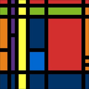 May include: Abstract geometric design with a black grid overlaying blocks of color. The color blocks include red, blue, yellow, green, orange, and purple. The design is a modern, colorful composition.