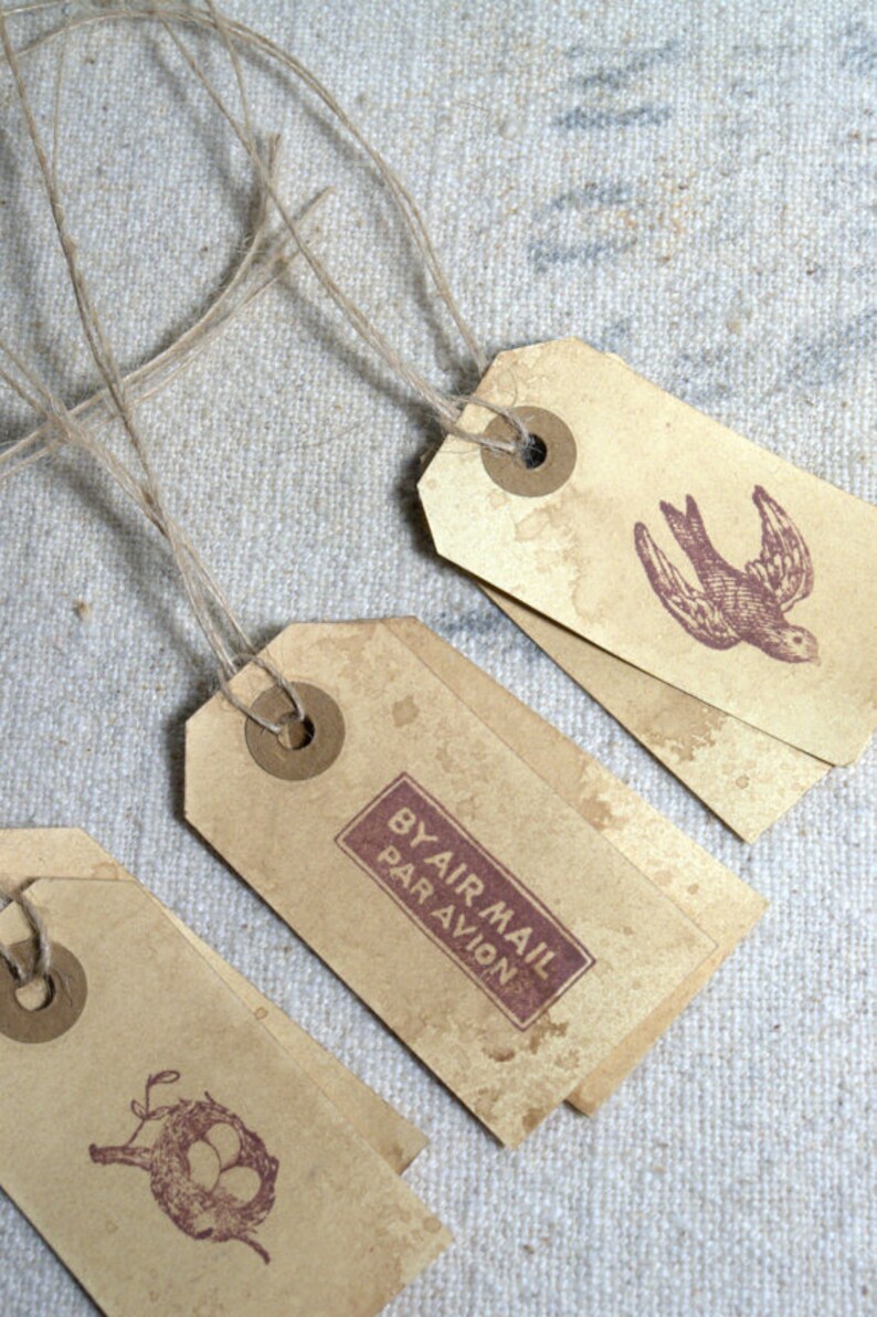Birds Stamped Primitive Rustic Cloth Bags and Sandwich Bags Antiqued Tags