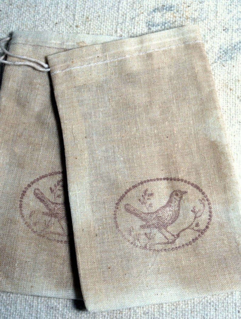 Birds Stamped Primitive Rustic Cloth Bags and Sandwich Bags Antiqued Tags