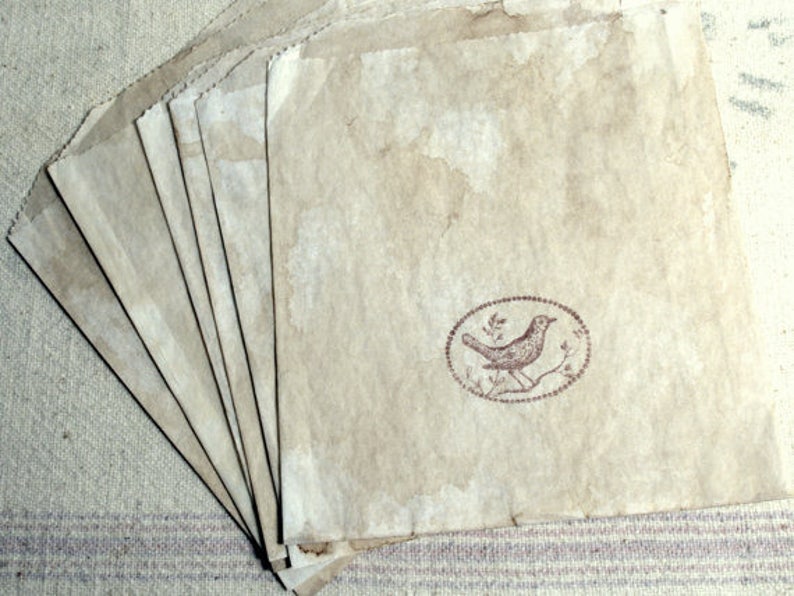 Birds Stamped Primitive Rustic Cloth Bags and Sandwich Bags Antiqued Tags