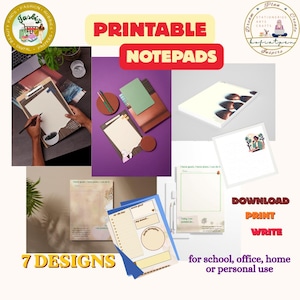 Könnte beinhalten: Eine Sammlung von sieben druckbaren Notizblöcken mit verschiedenen Layouts, darunter Aufgabenlisten, Zielverfolgung und Abschnitte für tägliche Gedanken. Die Designs enthalten sanfte Farben, botanische Illustrationen und Textelemente wie "I have goals, I have plans, I can do it". Diese digitalen Schreibwaren sind zum Ausdrucken gedacht.
