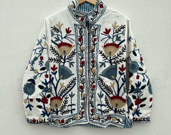 Hand-Embroidered Suzani Waffle Fabric Jacket: Bohemian Style