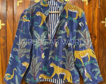 Blue Velvet Quilted Jacket, Bohemian Print Coat