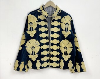 Blauw fluwelen handgeborduurd Suzani-jack - boho-katoenen jas
