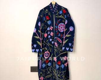 May include: A long-sleeved navy blue coat featuring vibrant floral and heart-shaped embroidery in shades of red, pink, and light blue. The garment has a mandarin collar and an open front design. The text JAIPUR FAB WORLD is visible.
