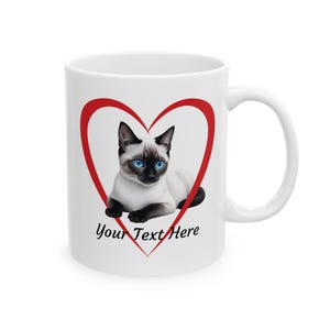Personalized Siamese Cat Ceramic Mug, Heart Outline Design, Cat Lover Gift, Animal Coffee Cup, Pet Owner, Kitty Cat Latte Cup, Cute Feline