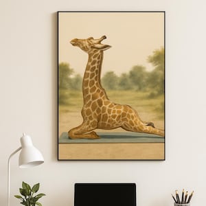 Giraffe Yoga Wall Art Print – Upward-Facing Dog Pose | Animal-Inspired Office Decor | Printable & Physical Print