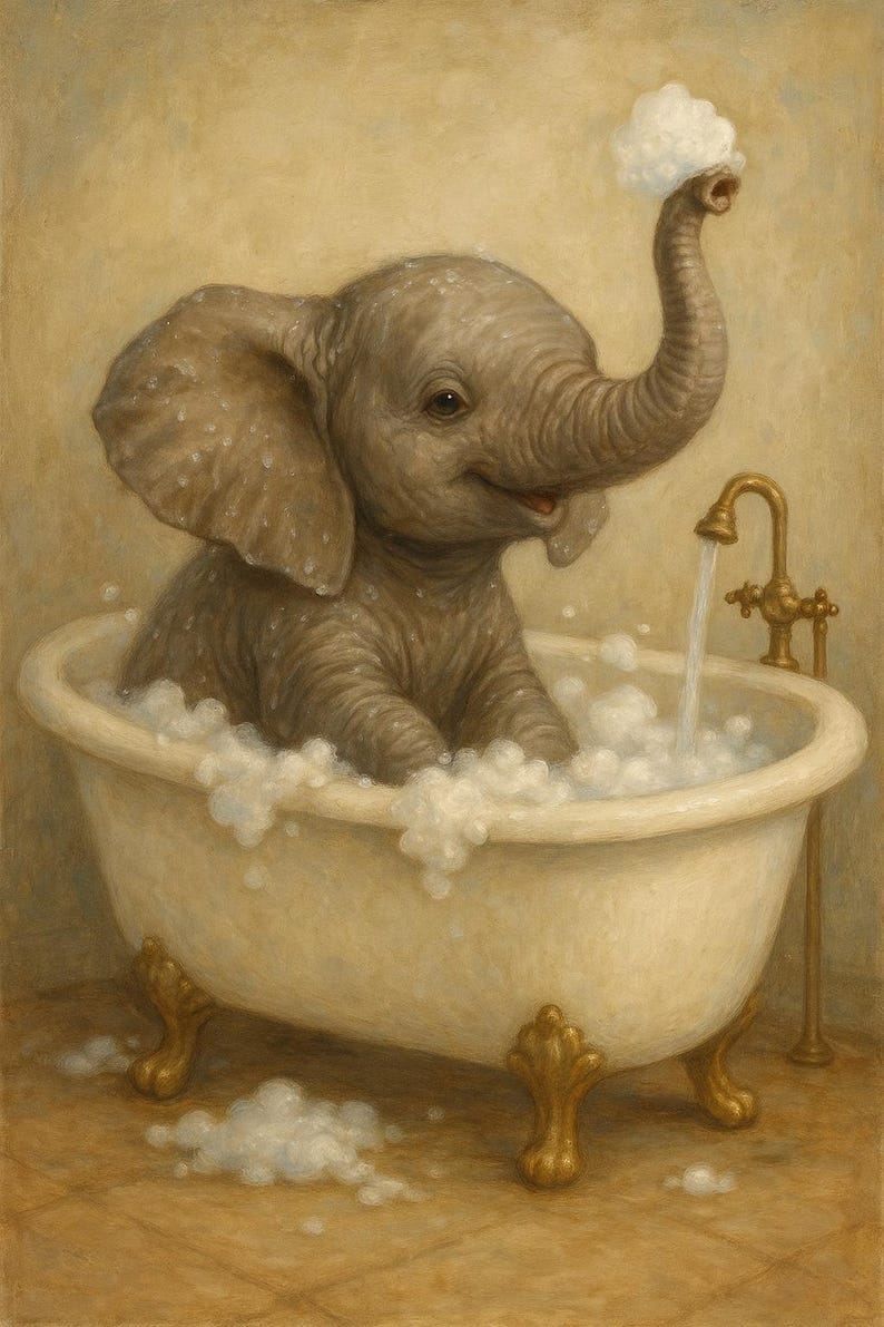 Adorable Baby Elephant Bath Art Print – Vintage Clawfoot Bathtub ...