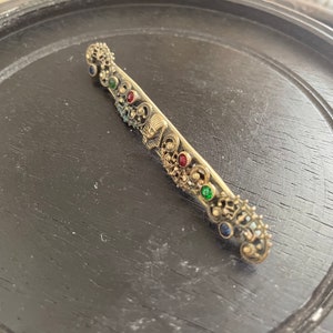 Antique Art Deco Egyptian Revival Pharaoh Bar Pin Brooch with Colored Stones Filigree Designs image 8