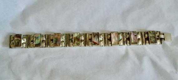 Vintage Abalone Link Stone Bracelet Signed Silver… - image 3