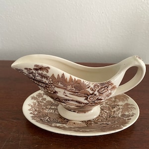Vintage Clarice Cliff Royal Staffordshire Creamer/Small Sauce Boat with Under-plate brown Transfer-ware