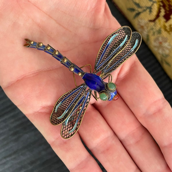 Vintage Brooch  Articulated Blue Enamel Sterling Dragonfly Pin
