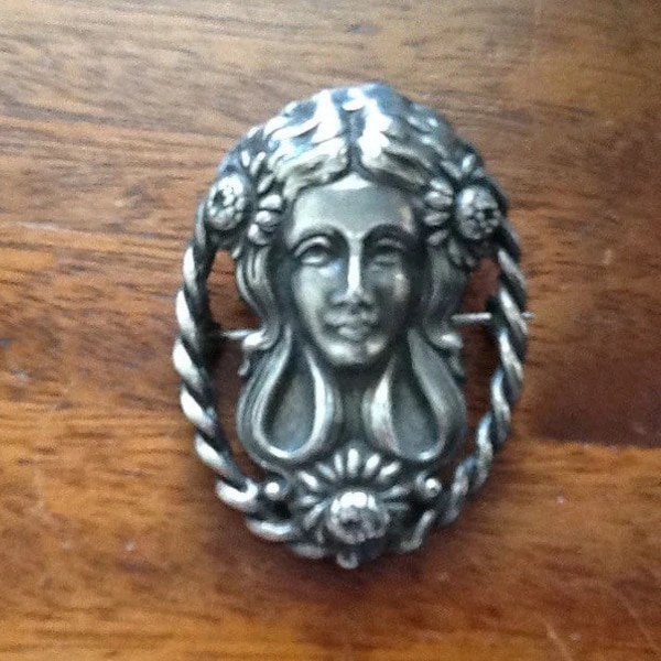 Antique Sterling Silver Art Nouveau Lady Large Ornate Brooch Large