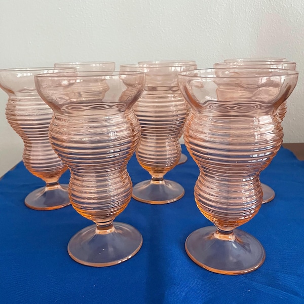 Vintage Set of 8 Pink Depression Glasses Footed Fountain Glasses 16 oz.