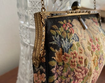 Vintage Antique 1920s - 30s French Petit Point Evening Bag Purse Jeweled Frame