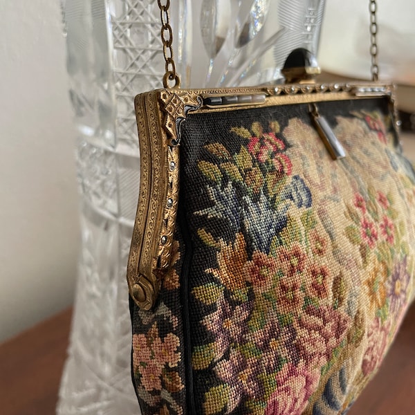 Vintage Antique 1920s - 30s French Petit Point Evening Bag Purse Jeweled Frame