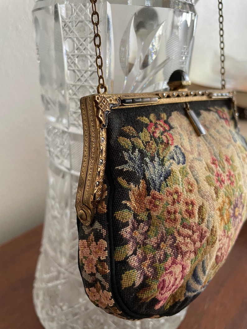 Vintage Antique 1920s 30s French Petit Point Evening Bag Purse Jeweled Frame image 1