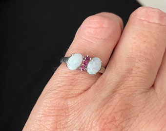Vintage Sterling Silver Opal Ring with Rubies Size 6