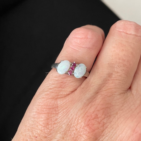 Vintage Sterling Silver Opal Ring with Rubies Size 6