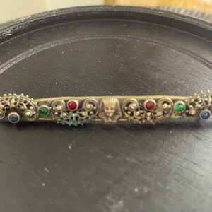 Antique Art Deco Egyptian Revival Pharaoh Bar Pin Brooch with Colored Stones Filigree Designs image 7