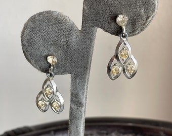Vintage Hanging Screw Back Silver Earrings with Rhinestones