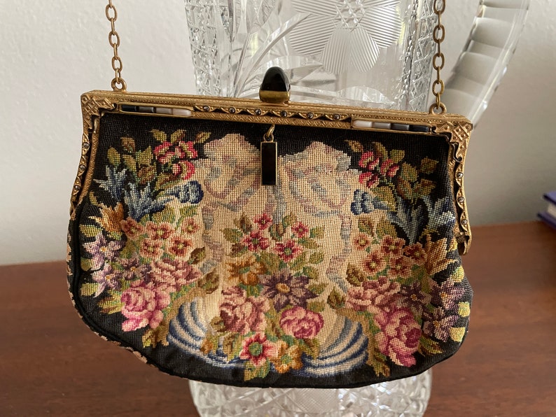 Vintage Antique 1920s 30s French Petit Point Evening Bag Purse Jeweled Frame image 4