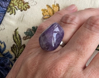 Vintage Purple Amethyst Rock Stone Adjustable Ring