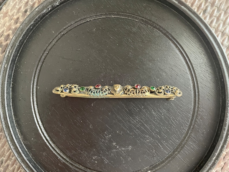 Antique Art Deco Egyptian Revival Pharaoh Bar Pin Brooch with Colored Stones Filigree Designs image 4