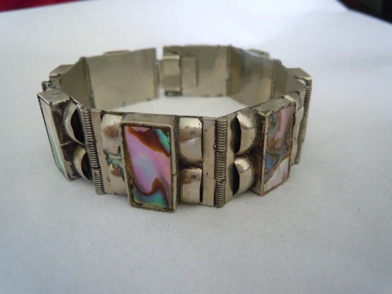 Vintage Abalone Link Stone Bracelet Signed Silver… - image 1