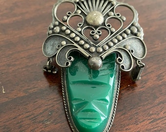 Large Vintage Sterling Silver Carved Jade Tribal Face Mask Mayan Aztec Mexico Brooch