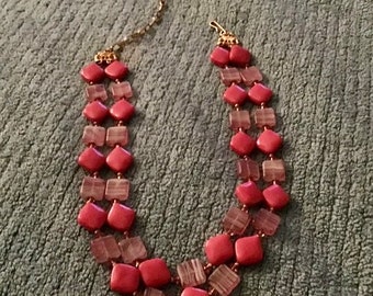 Vintage Glass Beaded Necklace 2 strand square Hot Pink and Pink White