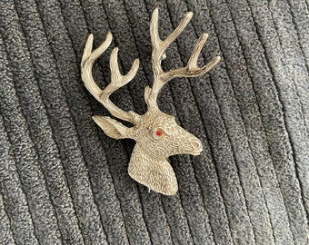 Vintage Silver Reindeer with Antlers Christmas Brooch Stag