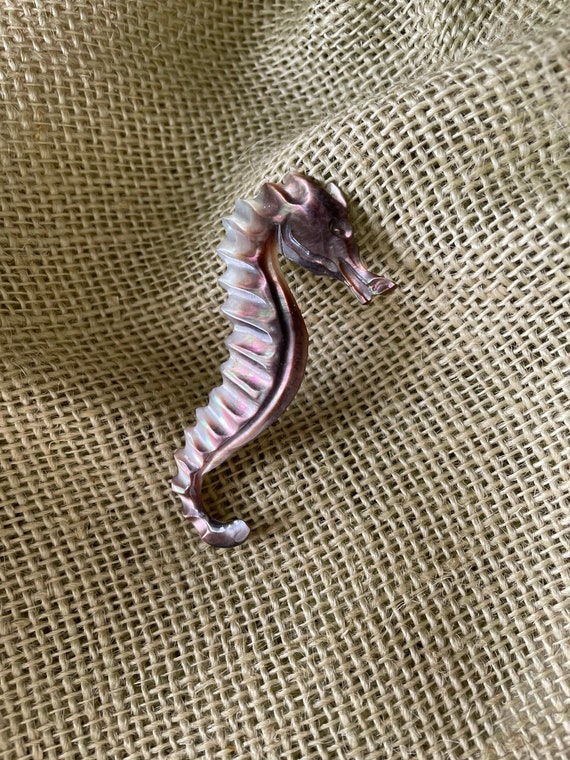 Large Vintage Carved Shell Seahorse Brooch Pin